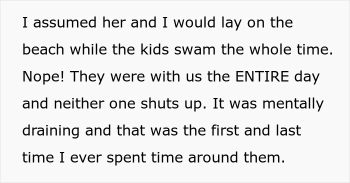 Text post describing a frustrating vacation experience with clingy children and feeling mentally drained.