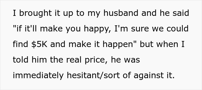 Text on a white background discussing hesitation about spending $5K on a nose job instead of kids college funds.