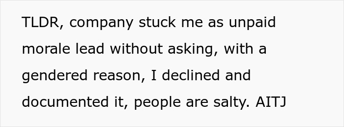 Text about analyst refusing unpaid labor as company expected her to stock snacks and plan parties causing conflict at work.