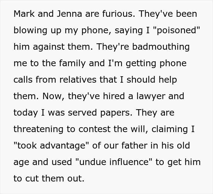 Alt text: Entitled siblings rage after learning dad cut them from will, alleging undue influence and contesting the inheritance legally.