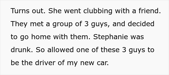 Text showing a story about a man discovering his girlfriend secretly went clubbing and lost his car with another driver.