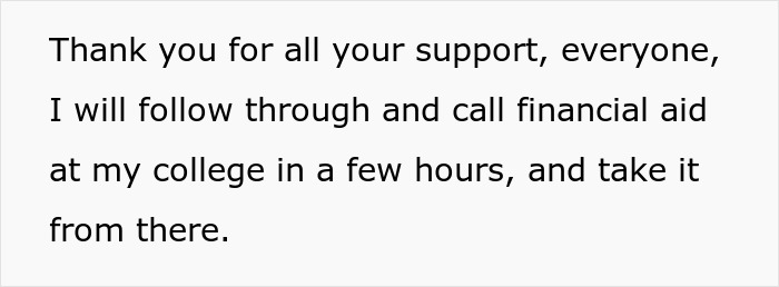 Text about following through with college financial aid, referencing mom, affair, and dad regarding college money.