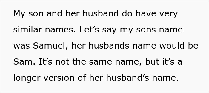 Text excerpt discussing similar names of a son and her husband, related to bride mad cousin dress wedding context.