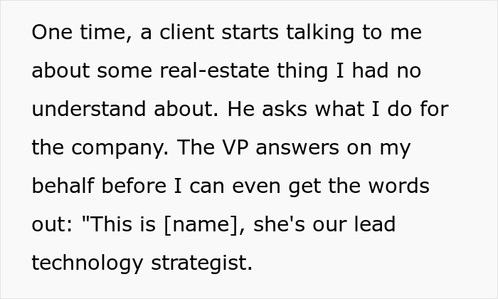 Text excerpt showing a female software developer described as lead technology strategist during client meeting. Text excerpt showing a female software developer described as lead technology strategist during client meeting.