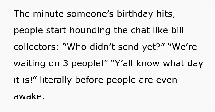 Text about birthday money family chat showing people reminding others to send gifts quickly in group messages.