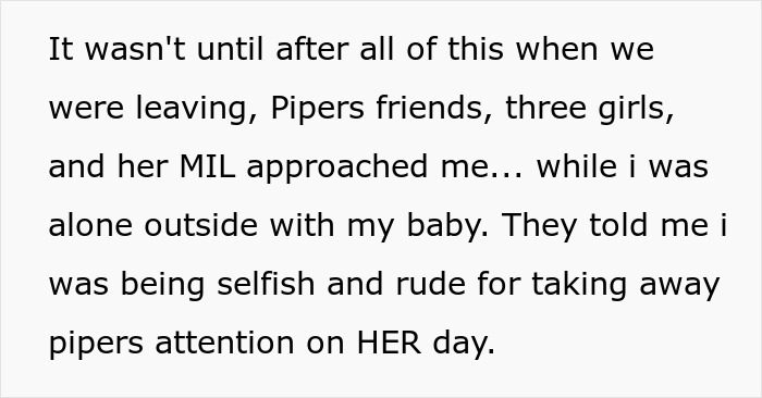 Text excerpt discussing accusations of stealing spotlight by bringing baby and wearing engagement ring on special day.