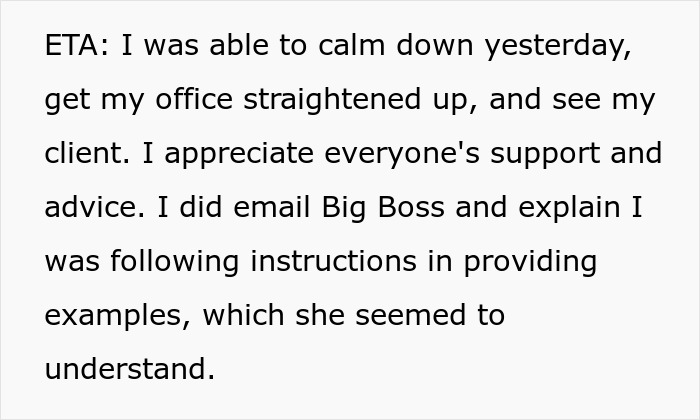 Text showing a calm office update after a frustrating office swap where an employee took everything and a coworker was upset.