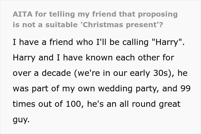 Text excerpt discussing a man who thinks his proposal counts as a Christmas gift and faces a reality check.