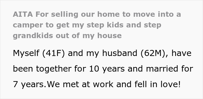 Text excerpt about a woman struggling with messy adult stepkids, considering selling the house to move on.