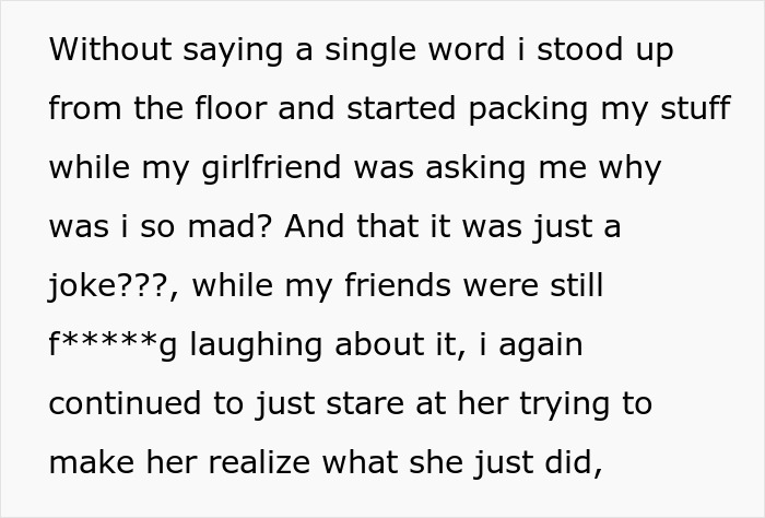 Text expressing frustration as girlfriend kisses another woman in front of friends, causing boyfriend to want to break up.
