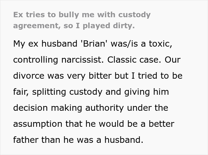 Toxic ex dealing with custody threats from a controlling narcissist, navigating a bitter divorce and playing dirty.