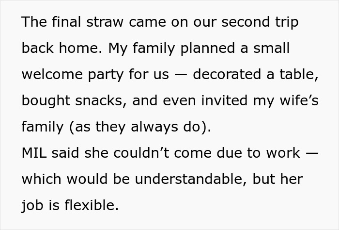 Text discussing a MIL playing the victim while family cuts contact with a gay couple after a welcome party incident.