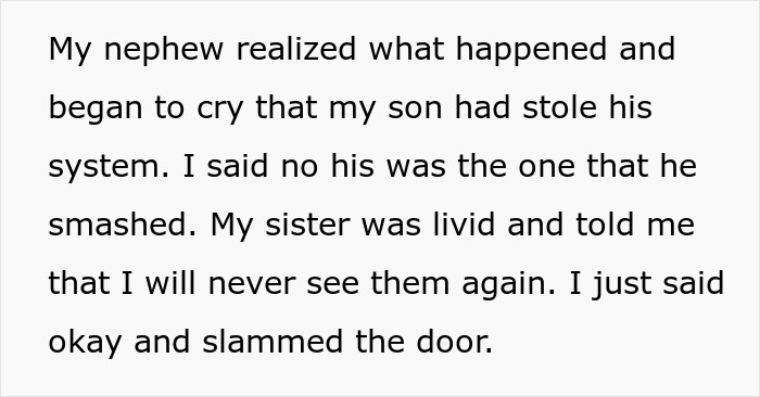 Text excerpt showing a woman took back nephew&rsquo;s Christmas gift, causing family tension and a slammed door.