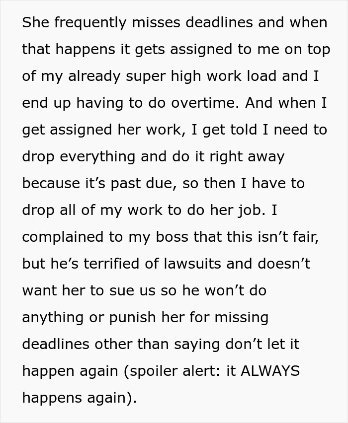 Alt text: Woman struggles with coworker missed deadlines causing overtime and added workload in a stressful office environment.