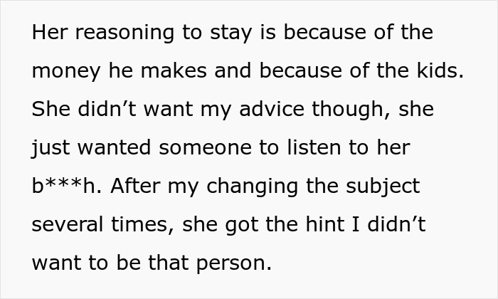 Text discussing a friend&rsquo;s reasoning involving money and children, reflecting on clingy children and vacation issues.