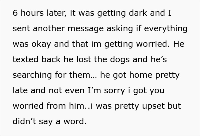 Text message exchange describing fianc&eacute; losing dogs while babysitting daughter, causing worry and upset feelings.