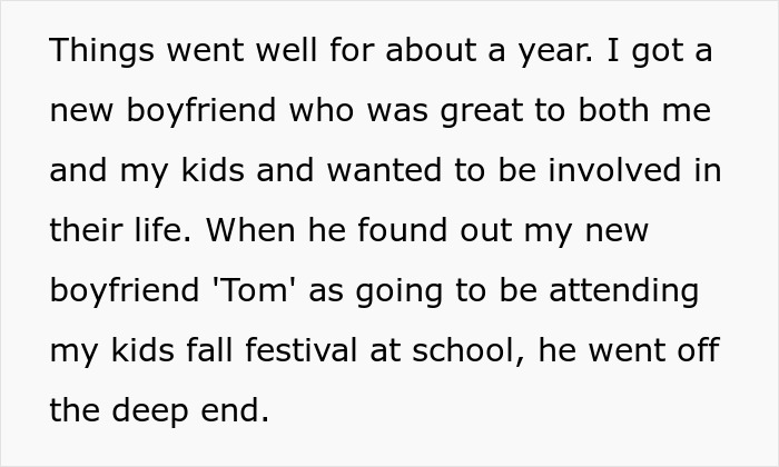 Text describing a woman dealing with toxic ex and his constant threats after she found a new supportive boyfriend.