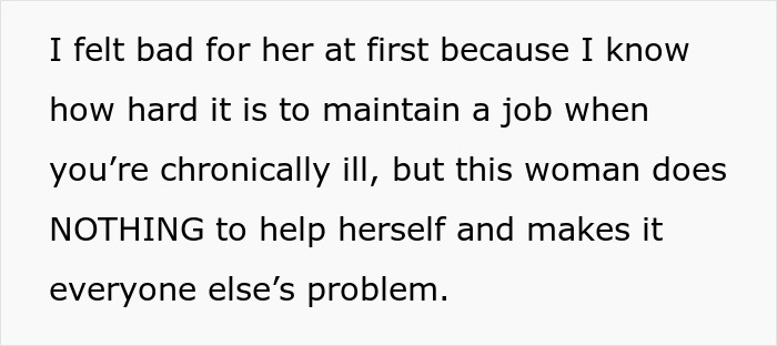 Text about woman eating what she shouldn&rsquo;t and how her coworker ends up paying the price at work.