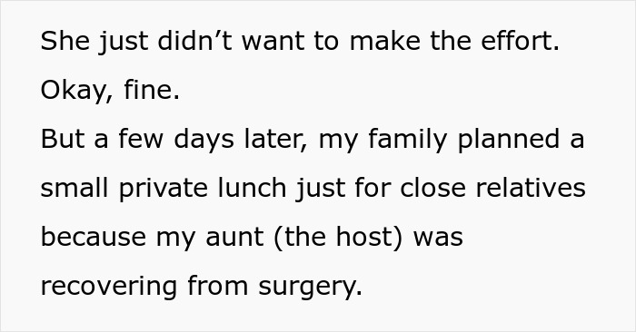 Text excerpt discussing family planning a private lunch due to an aunt's surgery, related to MIL plays victim and family cutting contact with gay couple.