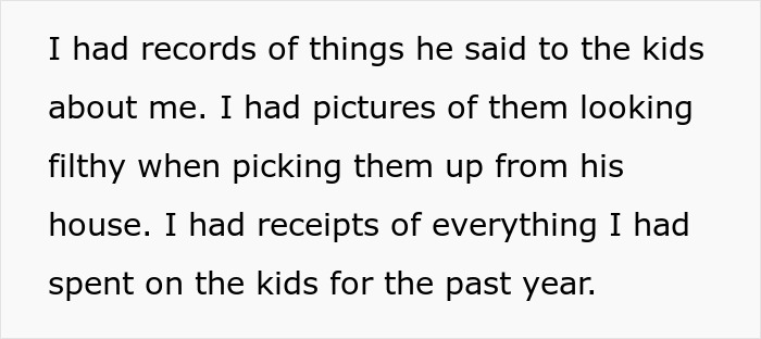 Text excerpt showing a woman dealing with toxic ex and his constant threats, mentioning records and receipts.