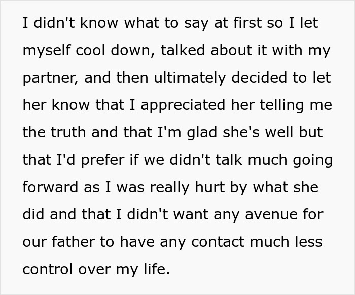 Text excerpt about a late half-sister lying to get dad's support with medical bills, shocking a woman years later.