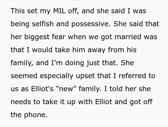 Text message explaining a mother-in-law accusing daughter-in-law of being selfish and possessive over family choices.