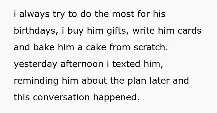 Text on a white background describing a girlfriend&rsquo;s efforts for her boyfriend&rsquo;s birthdays and a conversation about their plans.