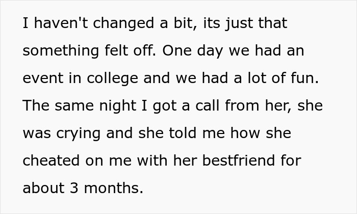 Text excerpt describing a toxic girlfriend who cheated with her best friend, causing relationship conflict and an ultimatum.