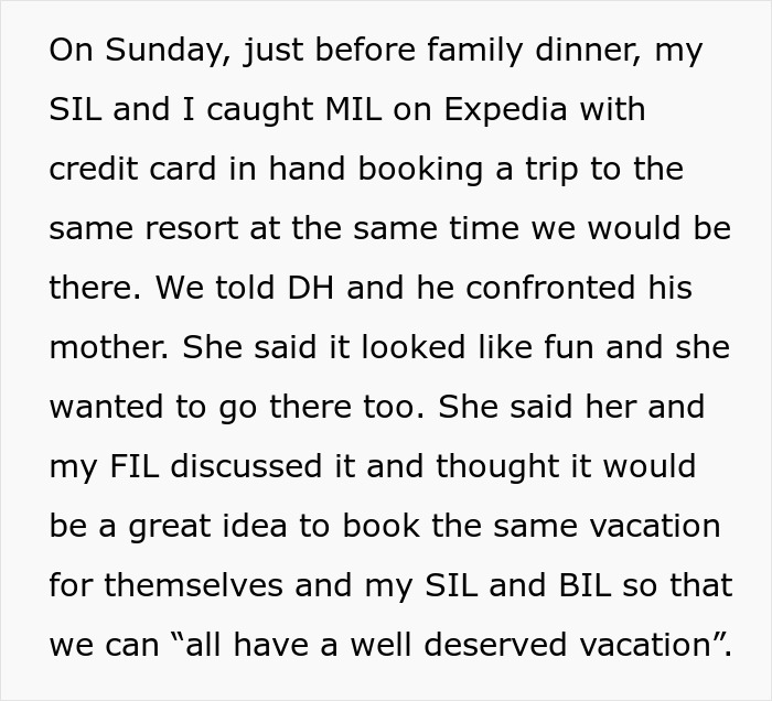 MIL books vacation with couple, surprising them and getting outplayed on their planned trip to the resort.