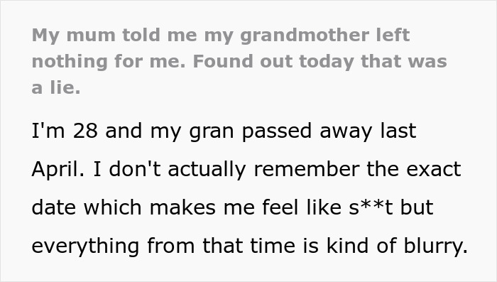 Text excerpt about a granddaughter learning her grandma’s inheritance after her mom prevented solicitor contact. Text excerpt about a granddaughter learning her grandma’s inheritance after her mom prevented solicitor contact.