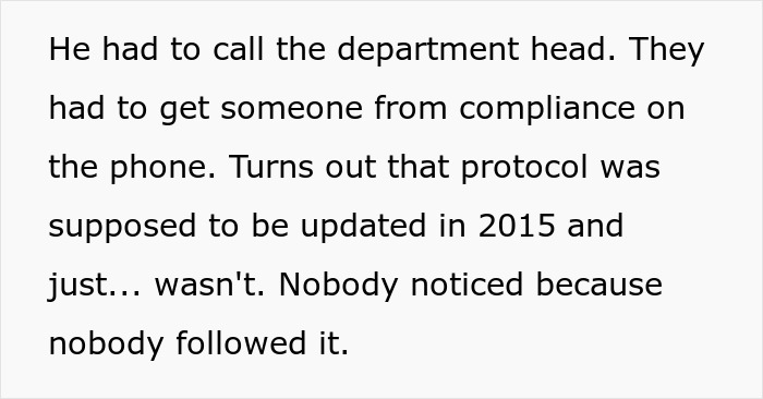 Text excerpt about updated protocol ignored causing the entire office to shut down for a day by the book compliance issue.