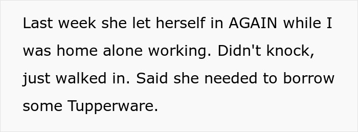 Text message describing a guy&rsquo;s sister letting herself into his girlfriend&rsquo;s house without permission to borrow Tupperware.