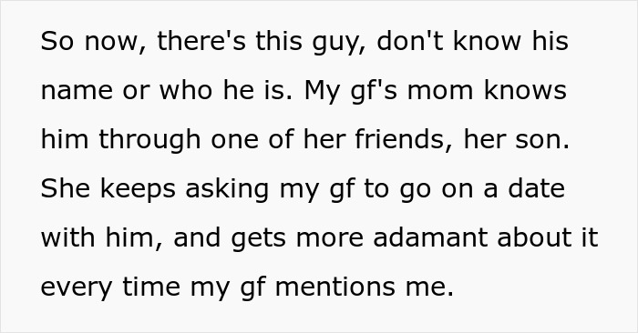 Text excerpt describing a mom who insists her daughter go on a date, affecting the daughter's happy relationship.