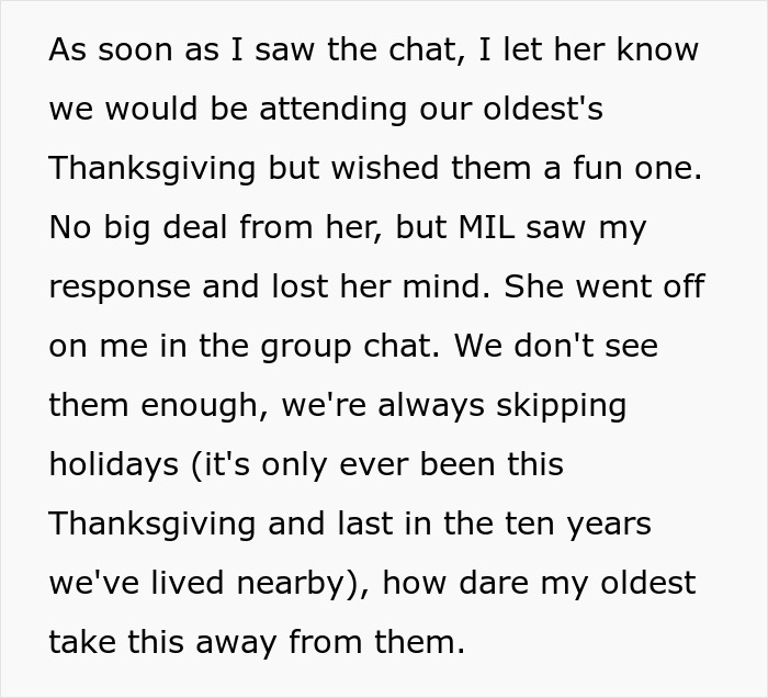 Text excerpt about a woman&rsquo;s Thanksgiving plans that caused her mother-in-law to lose her mind in a group chat.