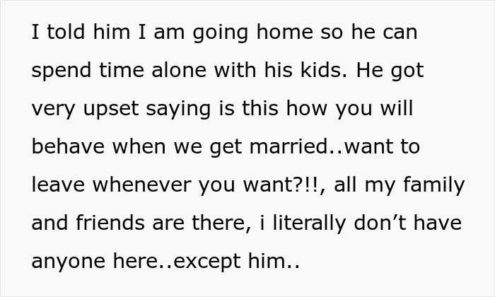 Text about fiance babysit daughter hunting, describing a conflict over spending time alone with kids before marriage.