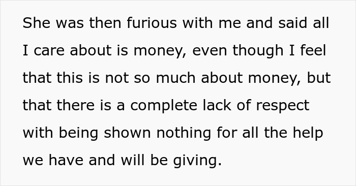 Text passage expressing frustration over lack of respect despite financial support for in-laws and future help promised.