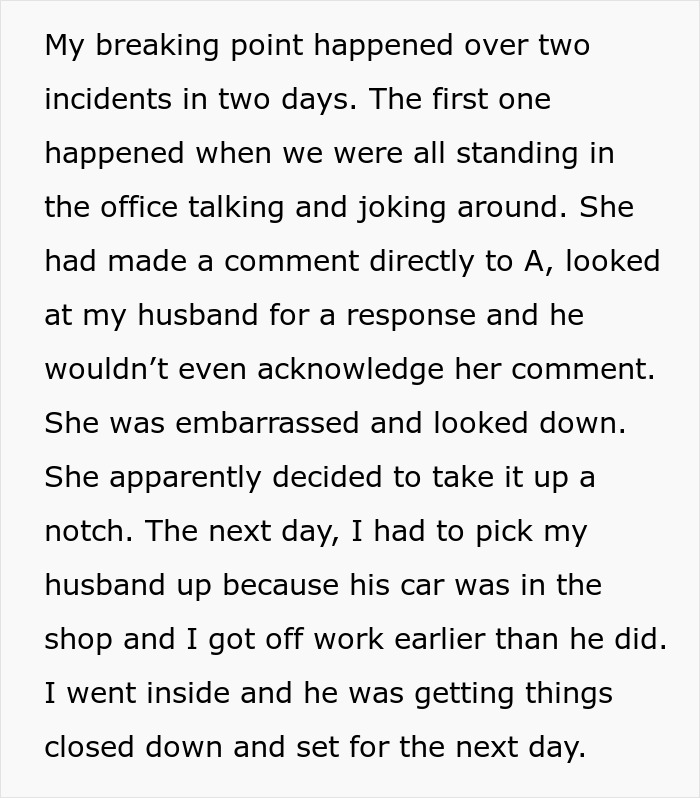 Text excerpt describing a woman’s petty revenge on her husband’s coworker who tried to seduce him. Text excerpt describing a woman’s petty revenge on her husband’s coworker who tried to seduce him.