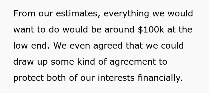 Text excerpt about a $100k renovation estimate and financial agreement concerns between a girlfriend and boyfriend.