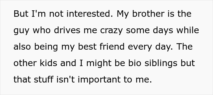 Text excerpt expressing a sibling&rsquo;s mixed feelings about family and the concept of biological siblings.