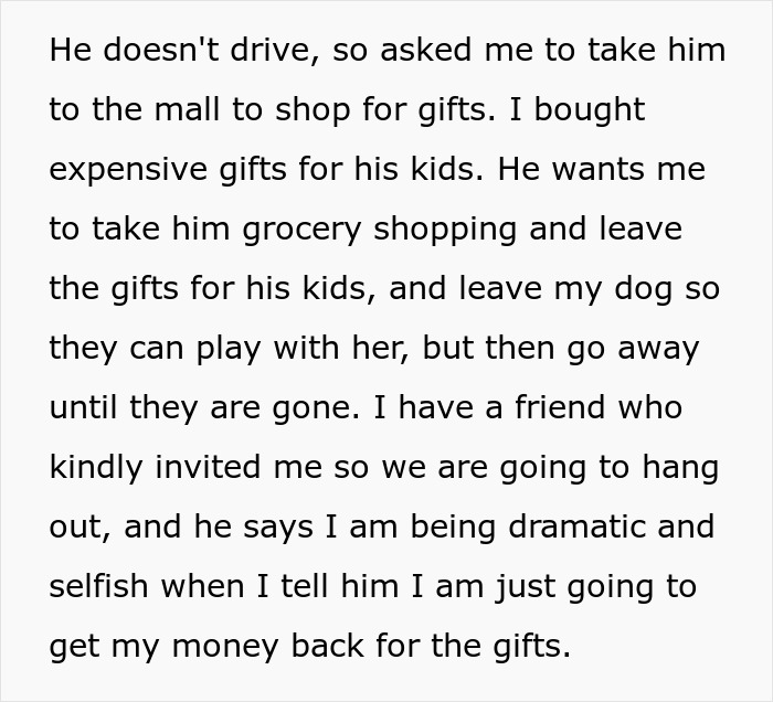 Text about woman buying expensive gifts for boyfriend&rsquo;s kids and being told she can&rsquo;t spend Christmas with them.