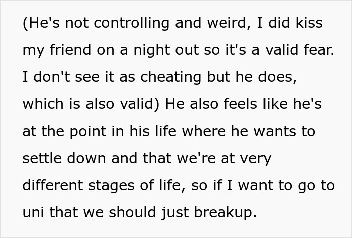 Text excerpt about 30YO boyfriend not wanting 20YO girlfriend to go to uni over fears of cheating and relationship differences. Text excerpt about 30YO boyfriend not wanting 20YO girlfriend to go to uni over fears of cheating and relationship differences.