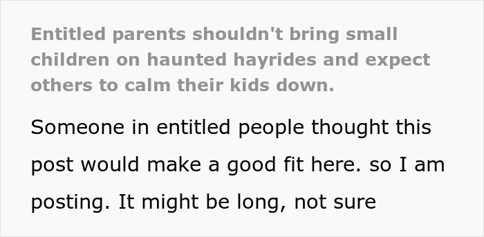 Entitled parents on a haunted hayride ignore scared children, leaving their frightened kids to strangers' care.