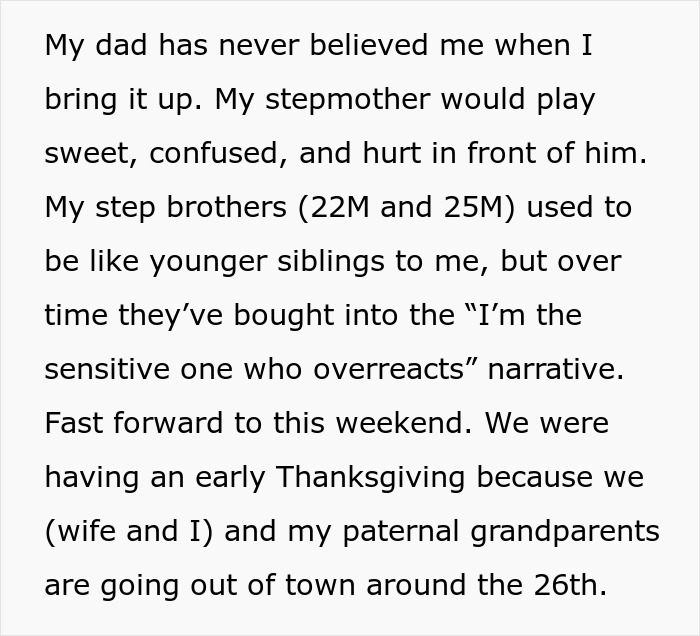Text excerpt about family conflict during Thanksgiving involving stepbrothers and stepmother discussing sensitive issues. Text excerpt about family conflict during Thanksgiving involving stepbrothers and stepmother discussing sensitive issues.