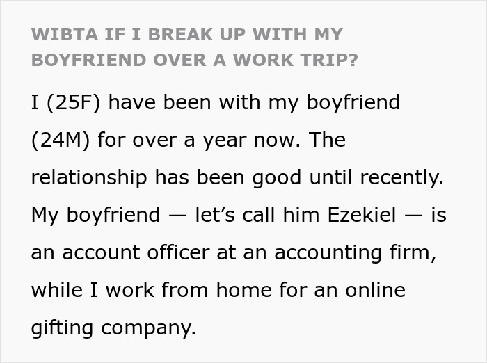 Text excerpt from a woman questioning her relationship after suspicious work trip raises trust issues between her and boyfriend.
