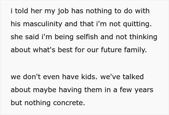 Text message conversation about a woman refusing to quit job after husband's promotion and receiving gender roles lecture from MIL.