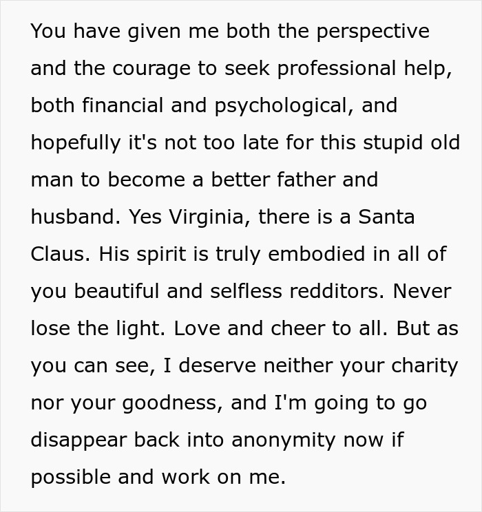 Text excerpt from a father struggling with finances considering canceling Christmas, reflecting on self-improvement and hope.