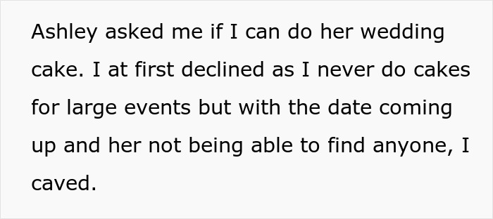 Text on a white background discussing a bride asking for a wedding cake, relating to bride wants to upgrade honeymoon topic.