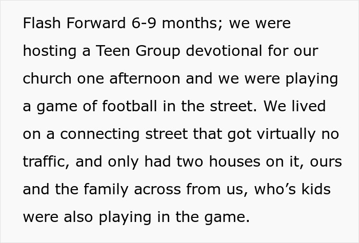 Text passage describing a church teen group devotional playing football on a quiet street with few houses.