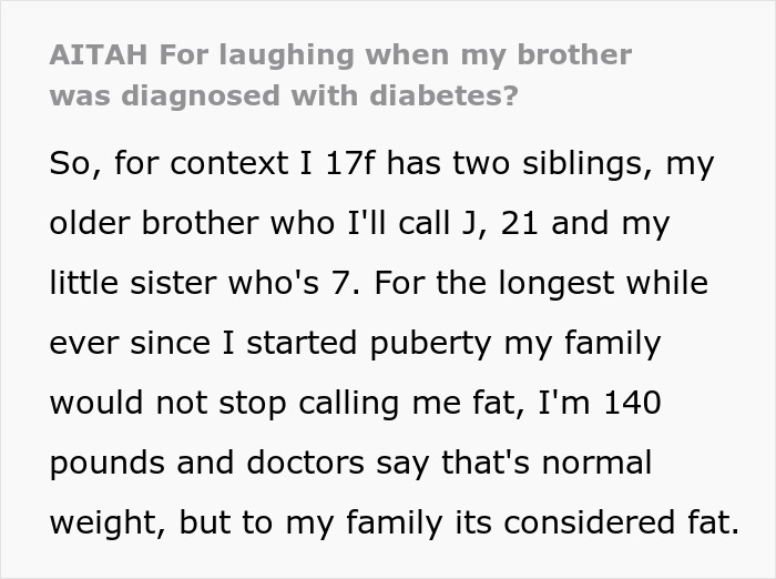 Text excerpt discussing a brother mocking sister over weight and the brother later being diagnosed with diabetes.