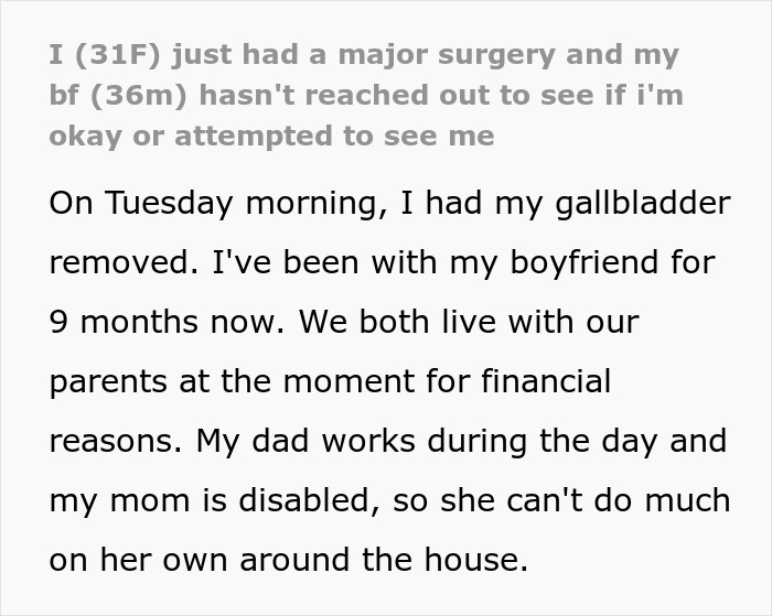 Woman realizing she needs a boyfriend upgrade after he doesn&rsquo;t call or visit her following surgery recovery.